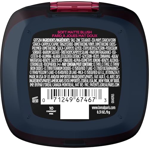 L'Oreal Paris Infallible Up to 24H Fresh Wear Soft Matte Blush, Blendable, Long-Lasting and Waterproof Cheek Make Up, Confident Pink 10, 0.31 Oz
