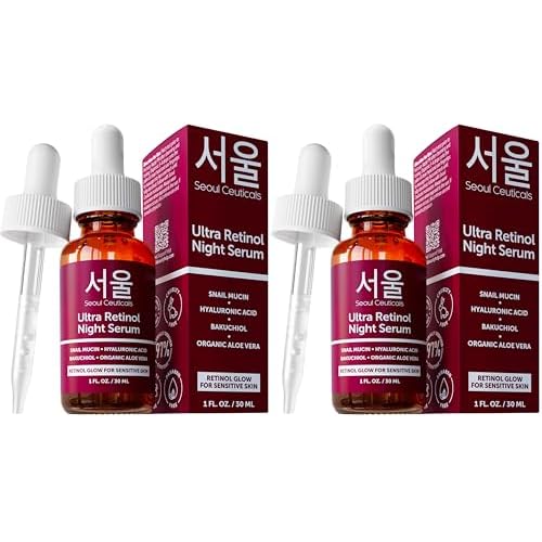 SeoulCeuticals 1% Korean Retinol Night Serum for Face - 97.5% Snail Mucin + Hyaluronic Acid + Bakuchiol, Cruelty Free K Beauty for Sensitive Skin 1oz (Pack of 2)