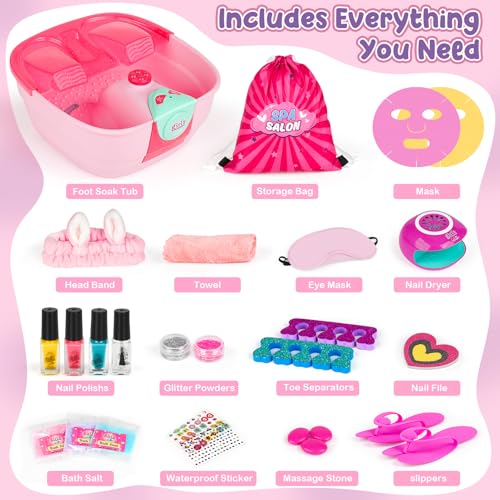 Kids Foot Spa & Nail Kit - Kids Spa Day Kit for Girls with Mask Foot Bath and Nail Dryer - Manicures Pedicure Toy Kit Nails Art Salon Girl Stuff - Christmas Birthday Gifts for 6 7 8 9 10-12 Year Old