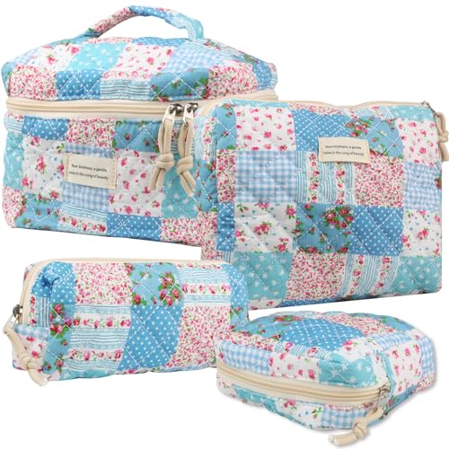 Cute Makeup Bag for Women(2 Pcs), Travel Cosmetic Bags, Quilted Coquette Aesthetic Floral Toiletry Organizer Bag (43 - Grid Rose/4PCS)