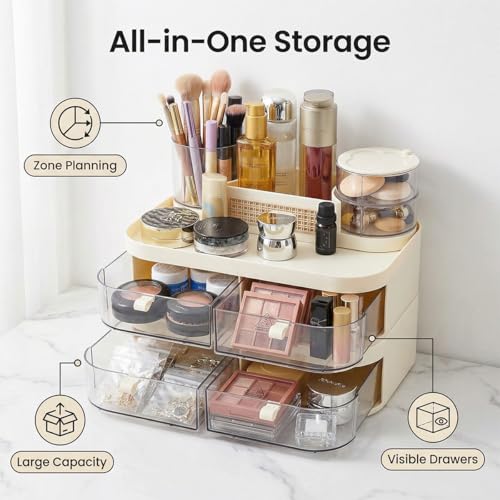 Large Makeup Organizer for Vanity, 3-Tier Dustproof Cosmetic Storage with Drawers & Brush Holder, Skincare Organizer for Bottles, Creams, Lipsticks & Palettes