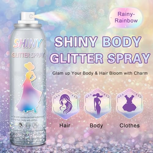 Body Glitter Spray,150ML Glitter Hairspray,Long-Lasting and Quick-Drying,Shimmer Spray for Kids Women,Suitable for Festival Music Concert Party,4.2 Fl Oz (Rainy-Rainbow)