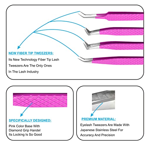Alishba Beauty Eyelash Extension Tweezers, Precision Fiber Tip Grip Japanese Stainless Steel Profiessional (Set of 4 Eyelash Tweezer) (HOT PINK)