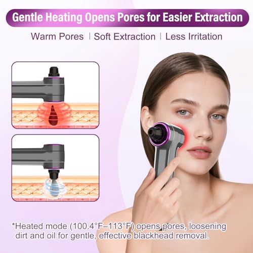 Blackhead Remover Vacuum, Pore Vacuum Cleaner with Heating, 3 Suction Levels & 9 Modes, Facial Pore Cleaner Tool for Nose, T-Zone, Chin, 5 Replaceable Heads, USB Rechargeable Comedone Extractor Kit