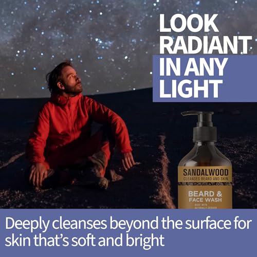 AM Beard & Face Wash - Sandalwood Scented - Gently Cleanses, Stops Itching & Flaking, Hydrates Dry Flaky Skin Under Beard - Naturally Derived Aloe Vera, Galangal, & Orange Peel - 6.76 fl oz