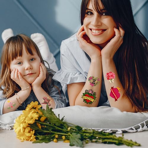 10 Sheets Mom Heart Flowers Temporary Tattoos Stickers Happy Mother's Day for Women Men Boys Girls Body Face Art Decal Decoration Supplies