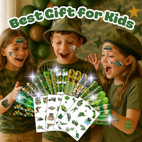 72PCS Military Party Favors 24PCS Pre-cut Tattoos Sticker 24PCS Slap Bracelets Perfect for Themed Birthday Baby Showers or Classroom Rewards Ideal Decor and Gifts for Girls and Boys