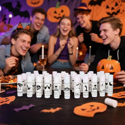 MOVINPE 40 Pack Halloween Lip Balm Party Favors ? Bulk Assorted Flavored Lipsticks with 10 Spooky Designs, Candy Alternative for Trick-or-Treat, Goodie Bags, Classroom & Party Supplies