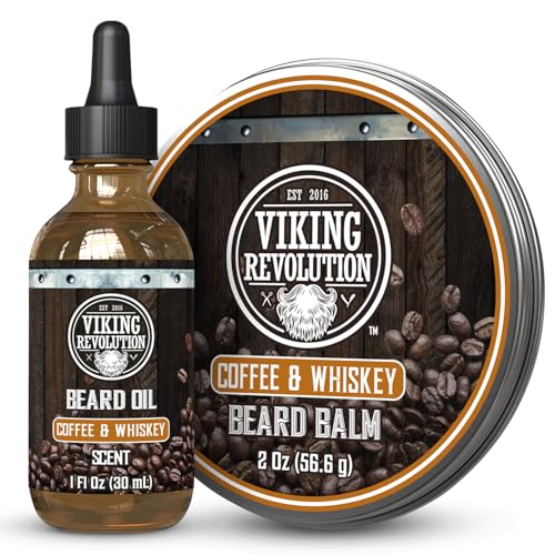 Viking Revolution Coffee and Whiskey Beard Balm for Men (2oz) and Beard Oil (1 fl oz) Kit - With Argan and Jojoba Oils - Soften and Moisturize - Stocking Stuffers for Men