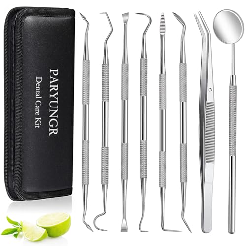 8 Pack Dental Tools PARYUNGR Teeth Cleaning Tool Kit, Stainless Steel Scraper Plaque Tartar Remover Tooth Cleaner Dental Floss Picks, Professional Oral Care Hygiene Set for Personal Pet Use with Case