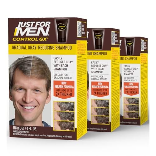 SHAMPOO Just for Men Control GX Grey Reducing for Lighter Shades of Hair, Blonde to Medium Brown, Gradual Hair Color with Keratin, 4 Fl Oz - Pack of 3 (Packaging May Vary)