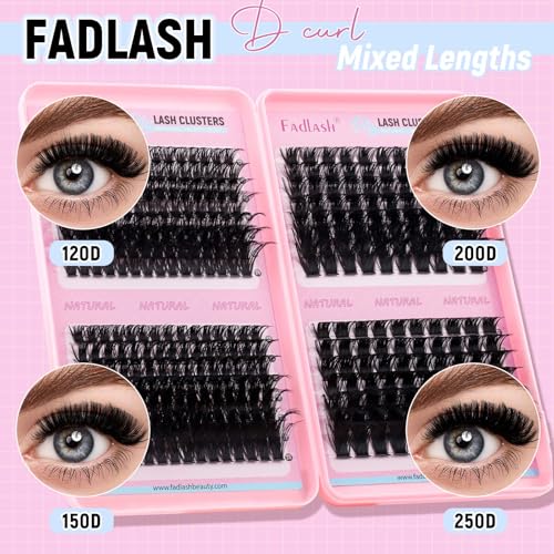 DIY Lash Clusters 120D+150D+200D+250D Eyelash Clusters Eyelash Extension 12-24mm D Curl Fluffy Clusters Eyelashes Individual Natural Lashes Thin Band Soft Lash Extension Clusters for Beginners