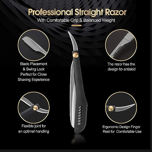 Professional Straight Razors for Men with 15 Replaceable Blades, Stainless Steel Barber Straight Edge Razor, Shaver Razor for Home Salon Grooming Using (Silver-Black)