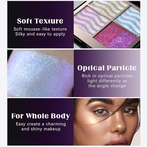 Duochrome Holographic Glitter Eyeshadow Palette, Chameleon Mermaid Blue Pink Plum Purple Double Color Shift iridescent Inner Corner Eye Face Highlighter Smooth Shimmer Eye Shadow Makeup