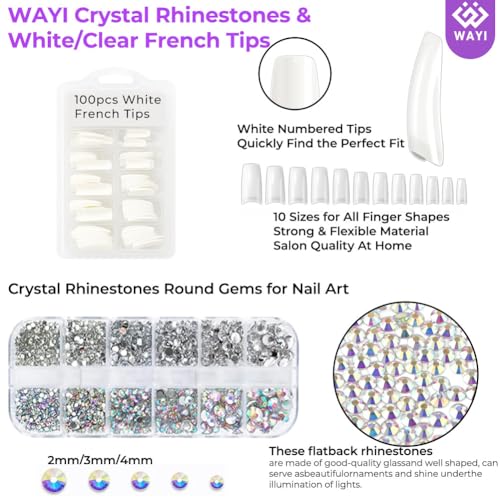 WAYI Acrylic Nail Kit for French Nails, 58ml Monomer, 4¡¿15g Acrylic Powders (Clear/White/Pink/Nude), White French Tips, Rhinestones & Full Tools for Beginners & DIY