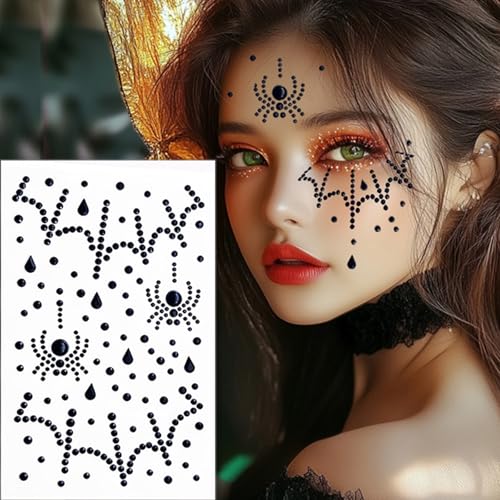 Halloween Face Gems 2Pcs Black Spider Face Jewels Spider Web Rhinestone Tattoo Stickers Self Adhesive Crystal Temporary Tattoos Stickers for Halloween Cosplay Makeup Festival Rave Party
