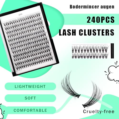 Bodermincer Black Cluster Lashes 240pcs 20D/40D DIY Eyelash Extension D Curl Long Individual Lashes Mixed Tray Faux Mink Lash Clusters Extensions 8-22mm (20D-12mm)