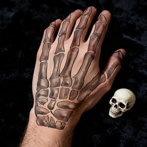Skeleton Hands Temporary Tattoos - 4 Pairs of Creepy Left & Right Hand Fake Tattoos for Halloween, Scary Moving Joints Waterproof Skin Stickers for Costume Party