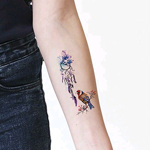 Temporary Tattoo Bird and Purple Dreamcatcher Flower Tattoo Stickers Fake Tattoos for Girl Women 5 Sheets