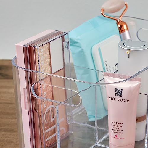 STORi Bliss 10" x 6" Clear Plastic Bin 3-Piece Bundle, 5-Compartment (1) & Open Compartment (2), Makeup Bins & Vanity Caddy, Made in USA