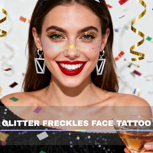 Glitter Freckles, Holographic Face and Body Glitter Tattoo Sparkle for Women Gold Glow Cosmetic Star Makeup Accessories for Festival Rave (12pcs Holographic)