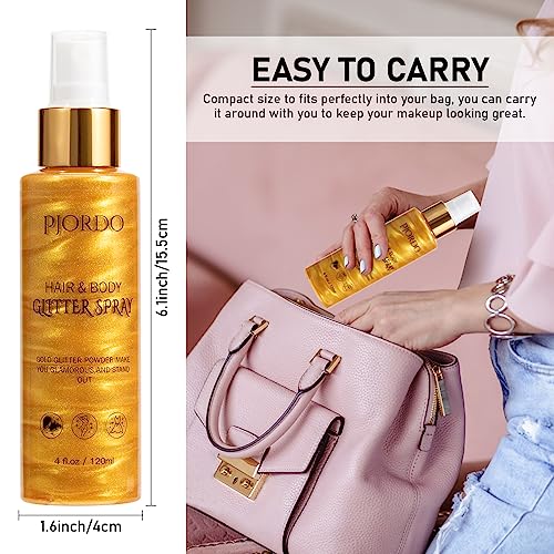 Body Glitter Spray, Shimmer Spray, Gold Glitter for Hair and Body, Glitter Hairspray, Spray for Women Makeup Party Festival Rave 4FL.OZ