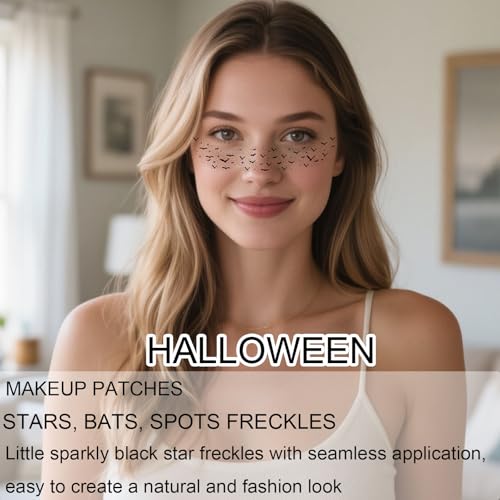 Halloween Bat Freckles Face Tattoos - Halloween Freckles Waterproof Black Bat Temporary Tattoos Patches Gothic Face Paint Makeup Kit for Women & Kids,Party Supplies Decorations Accessory-8Pcs