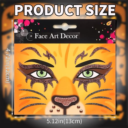 Lion Face Tattoos Stickers Glitter Face Jewels Cute Animal Temporary Tattoo for Adult Kids Makeup Birthday Halloween Cosplay Party Decoration Supplies 2Pcs (11-lion)