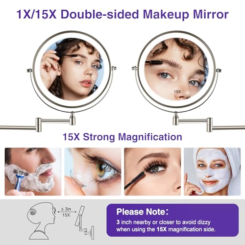 Magnifying Mirror with Lights 1x/15x: 8.5" Double Sided Wall Mounted Lighted Makeup Mirror for Bathroom, Brushed Nickel