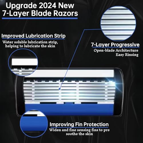 Upgrade 7-Blade Razor for Men, 7 Layers of Razor Blades, 1 Razor Handle + 3 Blade Refills, Dual Lubrication & Precision Trimmer, Lubrastrip for Comfortable Shave