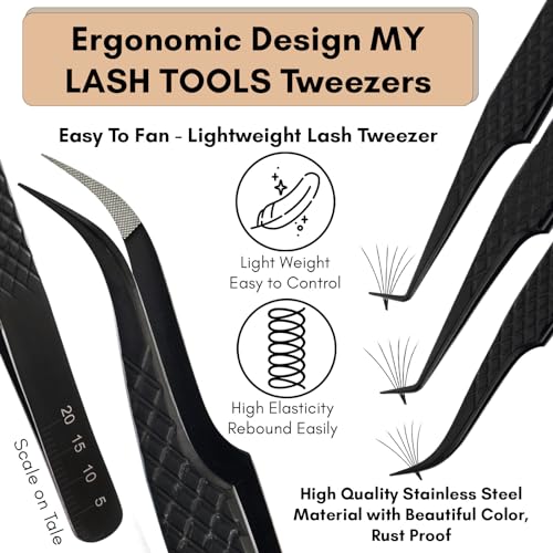 Fiber Tip Lash Tweezers Set for Eyelash Extensions ? Curved Classic, Mega 90 Degree Boot, 45 Degree Angle & Isolation Tweezer, Stainless Steel Precision, Non Slip Professional Application Kit