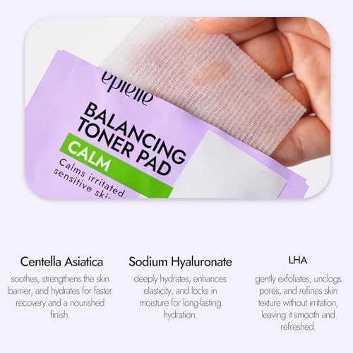 Epielle Balancing Toner Pads 5 Packs Individually Wrapped, Calming & Hydrating Irritated, Sensitive Skin with CICA & Salicylic Acid, Cotton Gauze & Glutathione Jelly, Korean Skin Care (5 Toner Pads)