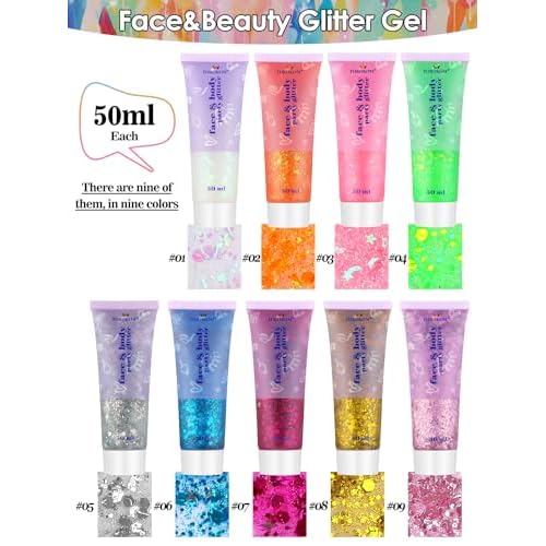 9Colors Face Body Glitter Gel, TOROKOM Sparkling Holographic Face Glitter Gel Mermaid Cosmetic Glitters Flakes Gel Long Lasting Chunky Glitter for Valentine's Day Party Rave Eye Lip Hair Nail Body