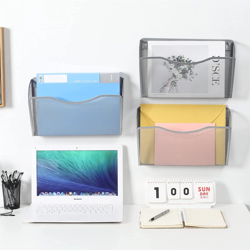 Wall Mount Hanging File Organizer with Mesh Pocket for Office & Home Storage