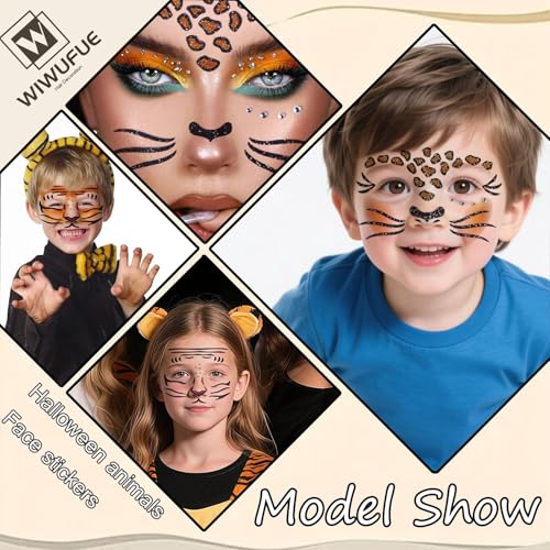Leopard Tiger Glitter Face Tattoo Stickers for Kids - Temporary Body Art Makeup for Halloween, Cosplay, Birthday Party, Festival - Waterproof Fake Tattoo Stickers - 2Pcs (Wild Animal Design)