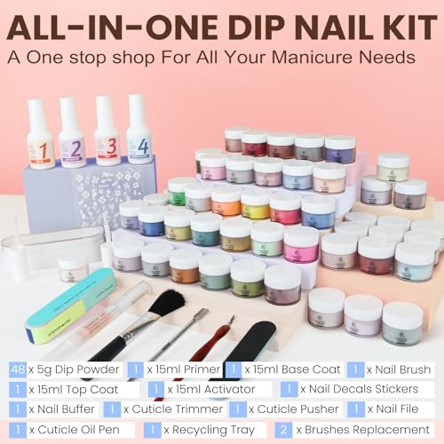 Lavender Violets Dip Powder Nail Kit 48 Colors Pink Red Purple Brown with Dip Powder Liquid Set and Essential Manicure Tools for Home Salon Manicure Nail Art Design G905