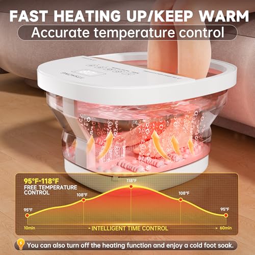 Collapasible Foot Spa Bath Massager with Heat, Pedicure Foot Spa with Bubbles and Jets/Timer/Temperature Control, Feet Soak Tub for Home, Office, Relaxation and Stress Relief (White)