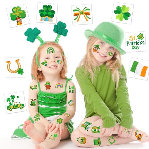 HOWAF 96pcs St. Patrick's Day Temporary Tattoos,Glitter Shamrock Tattoo Stickers for Irish Party Decorations,Lucky Clover Face Tattoos with Leprechaun for Green Party Parade Makeup