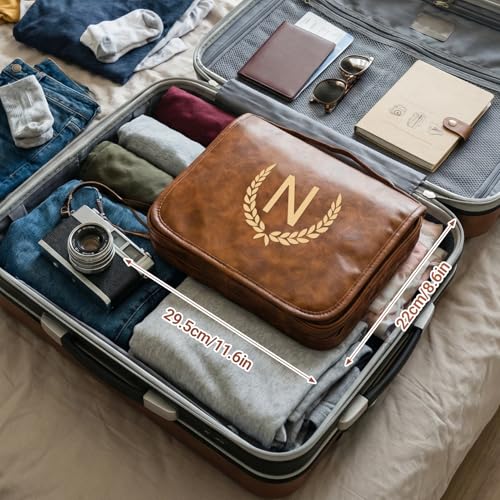 OXYEFEI Personalized Hanging Travel Toiletry Bag Gift for Men,Engraved Initial PU Leather Mens Large Toiletry Travel Essential Organizer Dopp Kit Shaving Bag for Him Birthday (A, Light Brown)