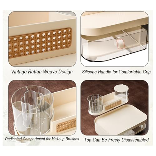Large Makeup Organizer for Vanity, 3-Tier Dustproof Cosmetic Storage with Drawers & Brush Holder, Skincare Organizer for Bottles, Creams, Lipsticks & Palettes