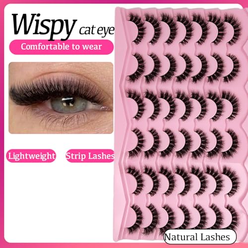 Short Fluffy Lashes Cat Eye 21 Pairs Natural False Strips Lashes Pack Wispy 3D Faux Mink Eyelashes