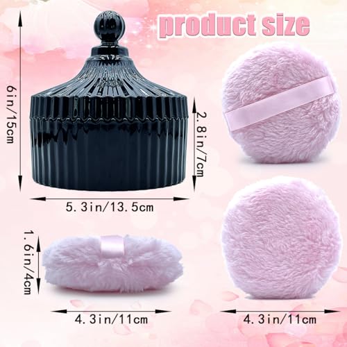 4.3 Inch Ultra Fluffy Body Powder Puff & 5.3 Inch Large Glass Jar Set,Dusting Powder Container with Puff,Multi-purpose Storage Holder Dish,Gothic Decor for Bedroom,Bathroom,Home(Black)