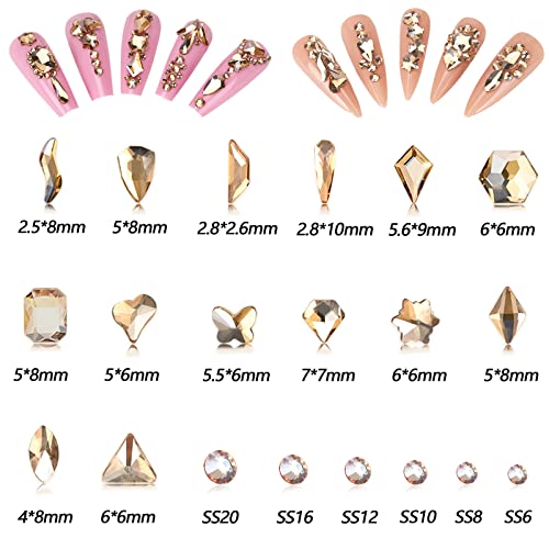 Gold Rhinestones for Nails Champagne Nail Gems Diamonds-7220Pcs Nail Crystals Jewels-Nail Charms Accessories for Nail Decoration(14 Different Shape+ 6520 Round Gold Nail Stones+Wax Pen)