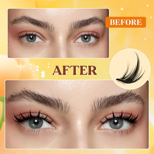 QUEWEL Self Adhesive Lash Clusters Kit, Pre Glued Eyelashes Clusters, 10-16MM Strong Hold Self Adhesive Eyelashes,D Curl Press On Lashes No Glue Needed DIY Lash Extensions Kit at Home(MJ10)