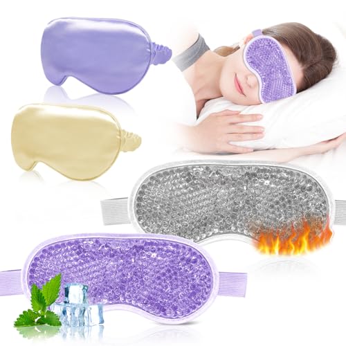 Cooling Eye Mask and Silky Sleep Mask 4 Packs for Man Women for Sleeping Frozen Ice Eye Mask Cold Warm Compress Dark Circles Puffiness Dry Eyes Gifting