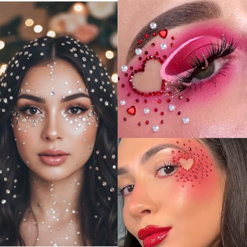Red Heart Kiss Face Gems Self-Adhesive Rhinestone Red Lip Hair Gems Valentine's Day Face Jewels Stickers On for Rave Accessories Makeup Concerts