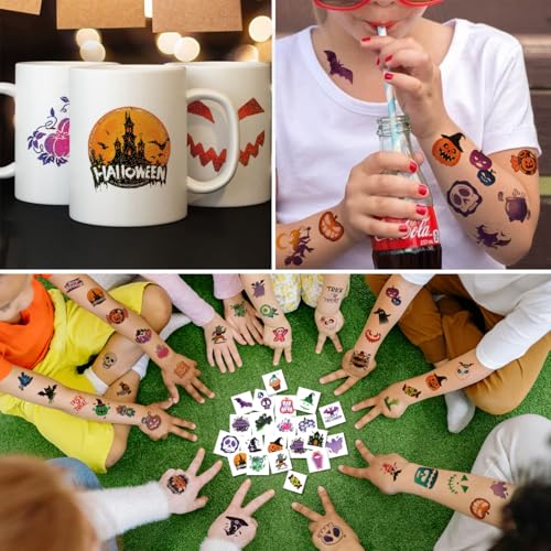 Glitter Halloween Tattoos for Kids - 74 Individually Sheets Glitter Pumpkin Bat Skeletons Spiderweb Tattoos for Kids Halloween Party Supplies Treats Goodie Bag Fillers