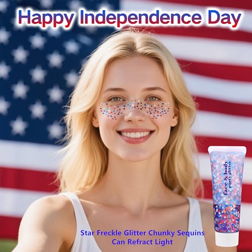 Go Ho 4th of July Outfits for Women&Kids Glitters Makeup,Red White and Blue Face Body Glitter,Fourth of July Accessories,Holographic Patriotic Chunky Glitter Freckles Star for Independence Day