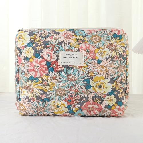 Makeup Bag, 3 PCS Quilted Makeup Bag, Cute Floral Cotton Cosmetic Bag set, Coquette Makeup Pouch Large Travel Toiletry Bag