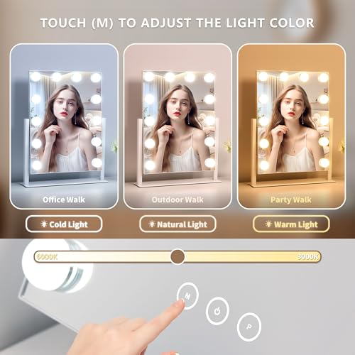 Vanity Makeup Mirror with Lights,3 Color Lighting Modes Detachable 10X Magnification Mirror Touch Control,360¡ÆRotation, White (14.6Inch)